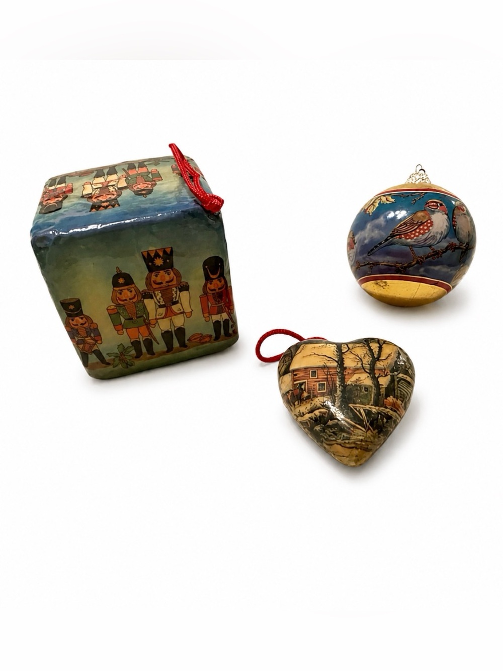 Vintage Ornaments 2 Paper Mache Decoupage 1 Four Colly Birds Ornament Lot of 3